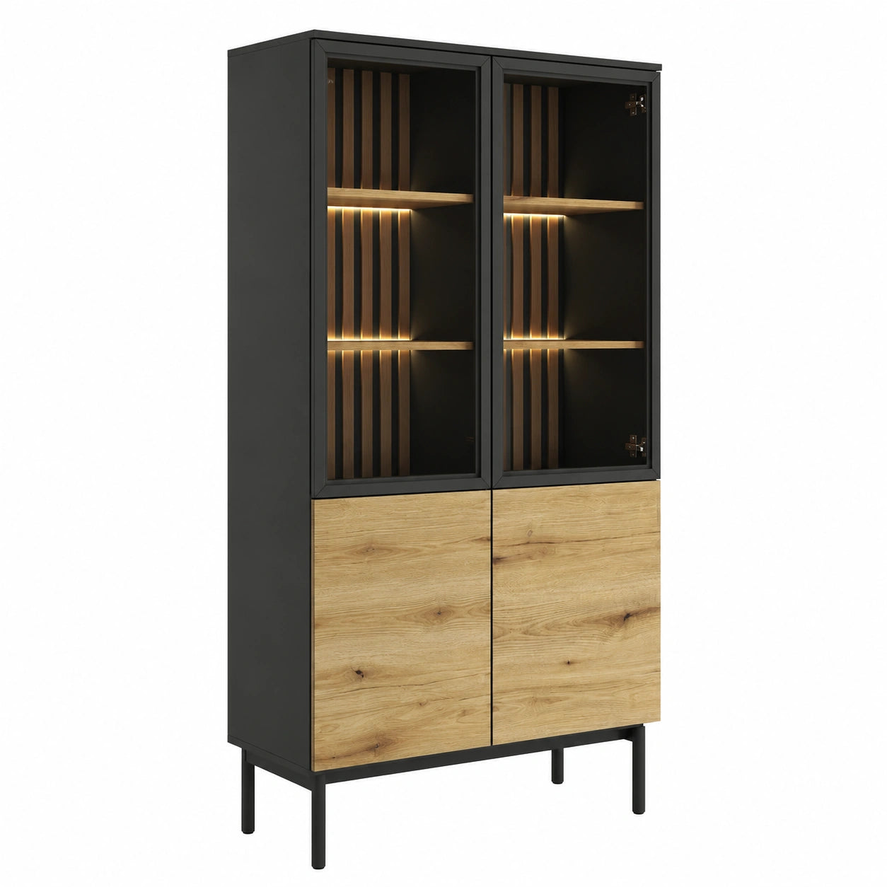 Vitrina Moderna de 4 Puertas con Iluminación LED, Acabado en Madera y Negro