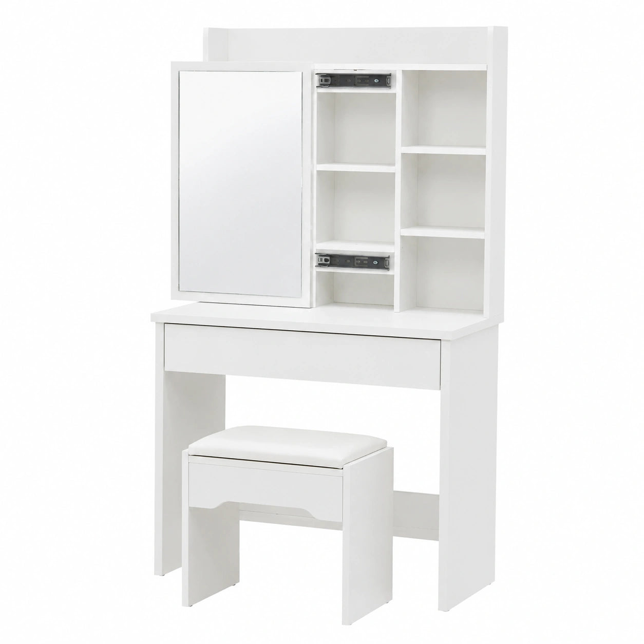 Mesa de Tocador Moderna con Espejo y Taburete, 1 Cajón y 7 Estantes, Ideal para Dormitorio, Madera, 40 x 60 x 130 cm