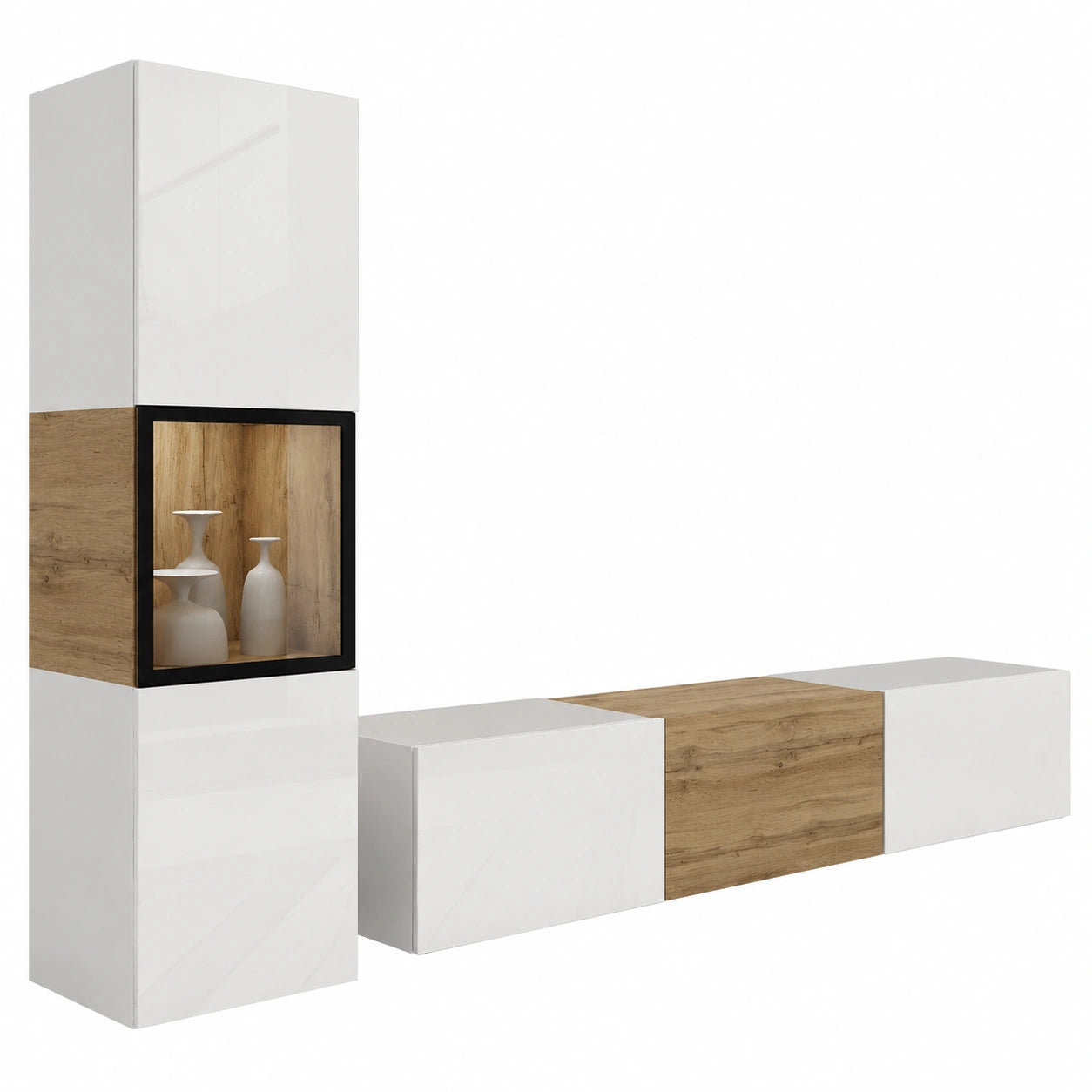 Set de Muebles de Sala Moderno Berlin con Opción de Iluminación LED, Mueble TV 180 cm, Acabado Blanco/Wotan