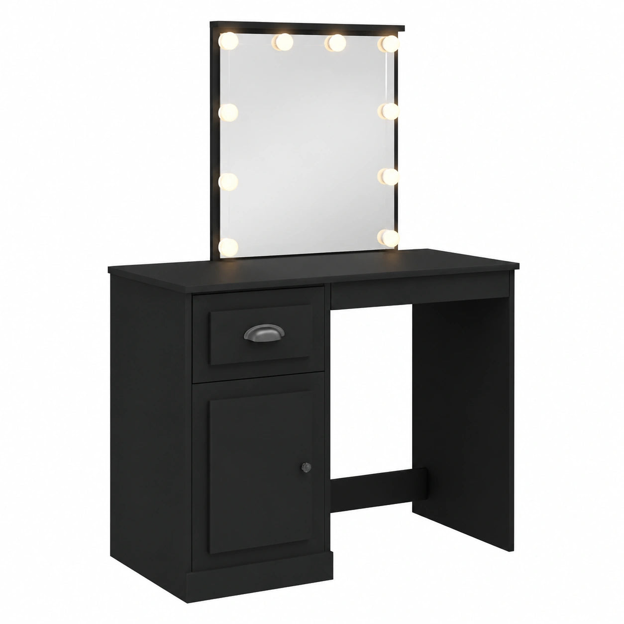 Tocador Negro con Espejo y Luces LED, Mesa de Maquillaje con Cajón para Dormitorio