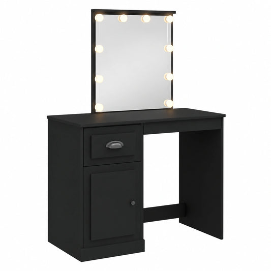 Tocador Negro con Espejo y Luces LED, Mesa de Maquillaje con Cajón para Dormitorio