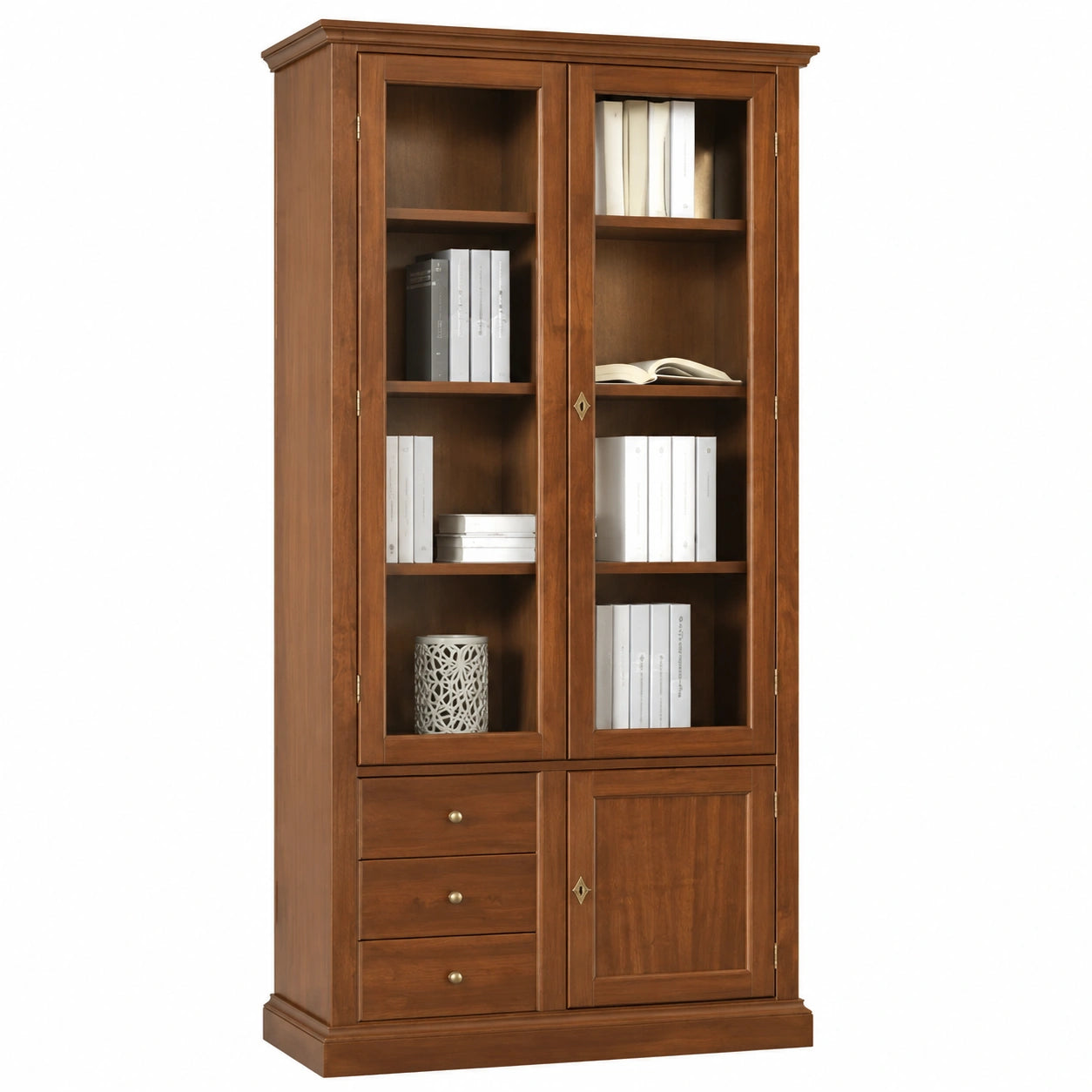 Vitrina Clásica de Nogal con Cajones y Puertas de Vidrio - Estantería de Madera para Salón 90x41x186 cm
