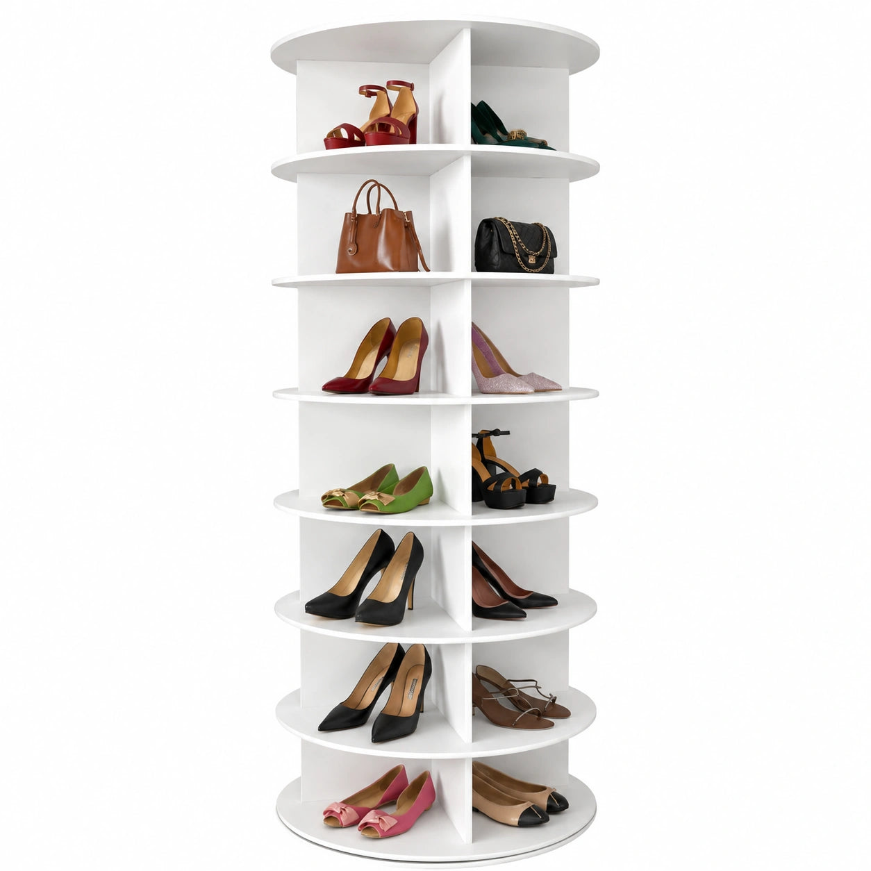 Zapatero rotativo 360° de 7 niveles, gran capacidad para 28 pares, con soporte para bolsos y libros, color blanco