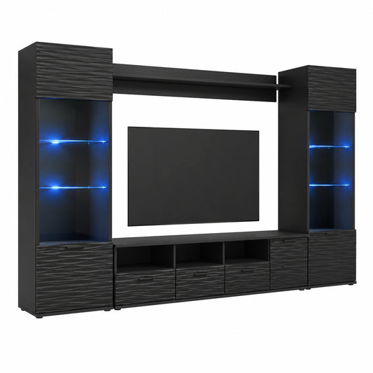 Conjunto de Muebles de Salón 260 cm con Vitrina y Luces LED Negro Brillante