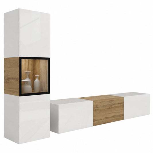 Set de Muebles de Sala Moderno Berlin con Opción de Iluminación LED, Mueble TV 180 cm, Acabado Blanco/Wotan